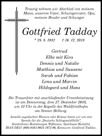 Traueranzeige von Gottfried Tadday von Westfalen-Blatt