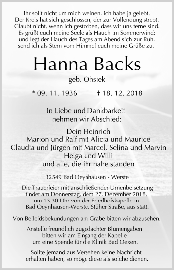 Traueranzeige von Hanna Backs von Westfalen-Blatt