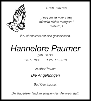 Traueranzeige von Hannelore Paumer von Westfalen-Blatt