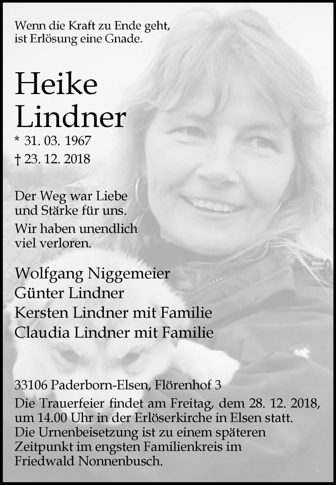  Traueranzeige für Heike Lindner vom 27.12.2018 aus Westfalen-Blatt
