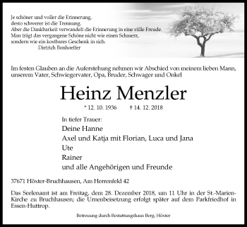 Traueranzeige von Heinz Menzler von Westfalen-Blatt