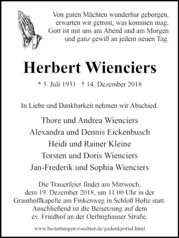 Traueranzeige von Herbert Wienciers von Westfalen-Blatt
