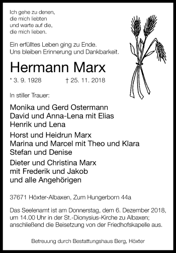 Traueranzeige von Hermann Marx von Westfalen-Blatt