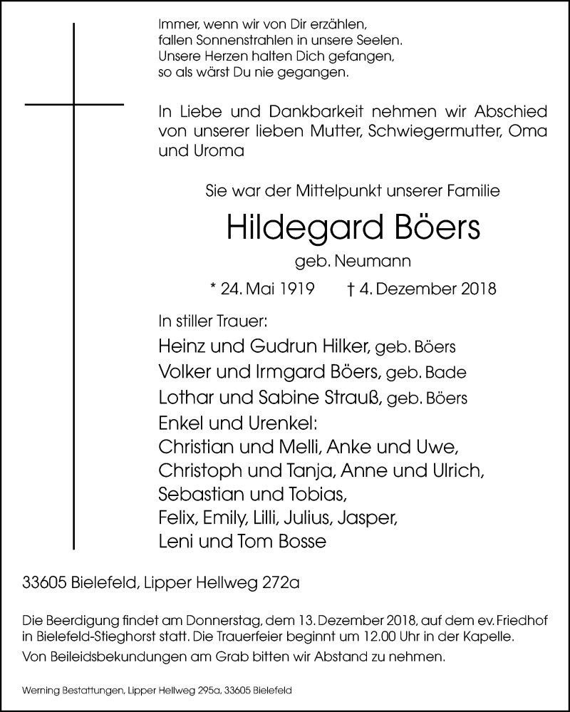  Traueranzeige für Hildegard Böers vom 08.12.2018 aus Westfalen-Blatt