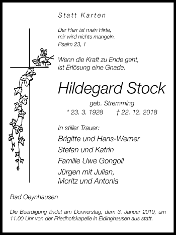 Traueranzeige von Hildegard Stock von Westfalen-Blatt