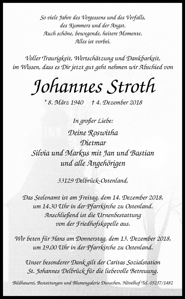  Traueranzeige für Johannes Stroth vom 08.12.2018 aus Westfalen-Blatt