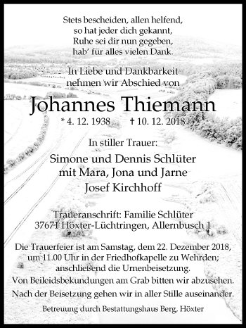 Traueranzeige von Johannes Thiemann von Westfalen-Blatt