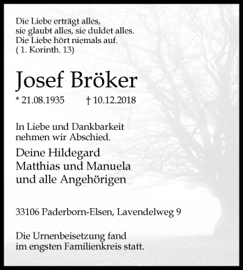 Traueranzeige von Josef Bröker von Westfalen-Blatt