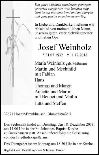 Traueranzeige von Josef Weinholz von Westfalen-Blatt