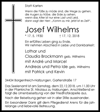 Traueranzeige von Josef Wilhelms von Westfalen-Blatt