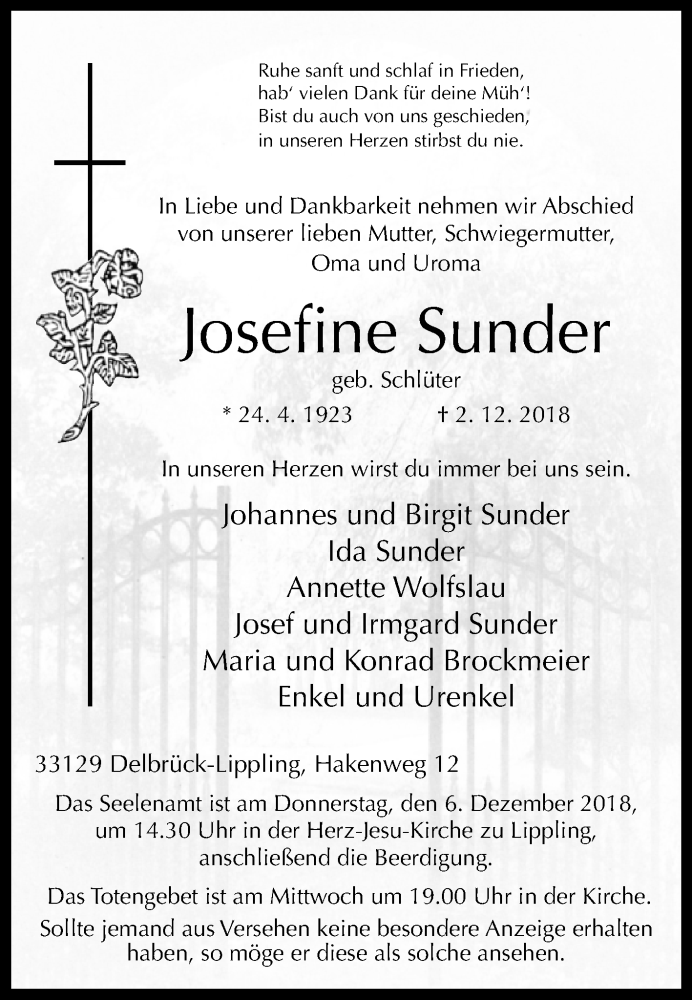  Traueranzeige für Josefine Sunder vom 04.12.2018 aus Westfalen-Blatt