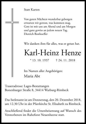 Traueranzeige von Karl-Heinz Henze von Westfalen-Blatt