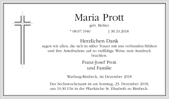 Traueranzeige von Maria Prott von Westfalen-Blatt