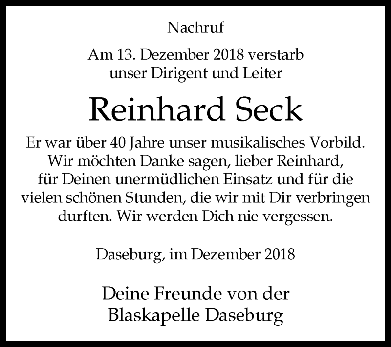  Traueranzeige für Reinhard Seck vom 22.12.2018 aus Westfalen-Blatt