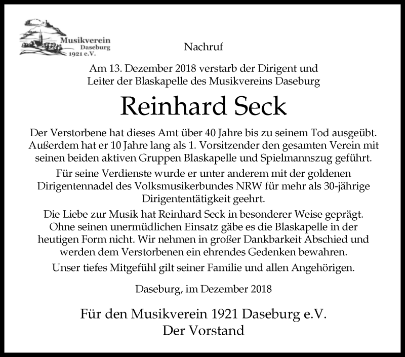  Traueranzeige für Reinhard Seck vom 20.12.2018 aus Westfalen-Blatt
