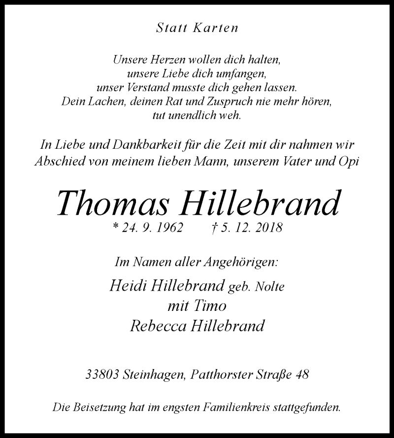  Traueranzeige für Thomas Hillebrand vom 15.12.2018 aus Westfalen-Blatt