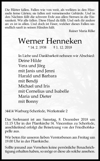 Traueranzeige von Werner Henneken von Westfalen-Blatt
