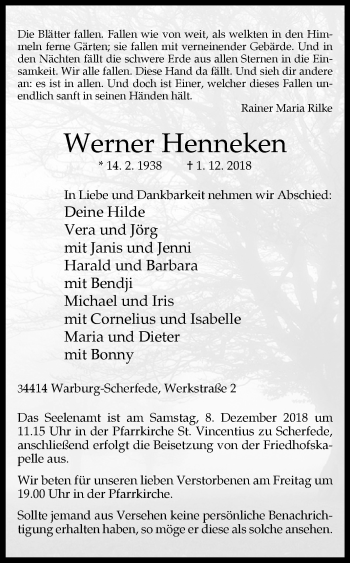 Traueranzeige von Werner Henneken von Westfalen-Blatt