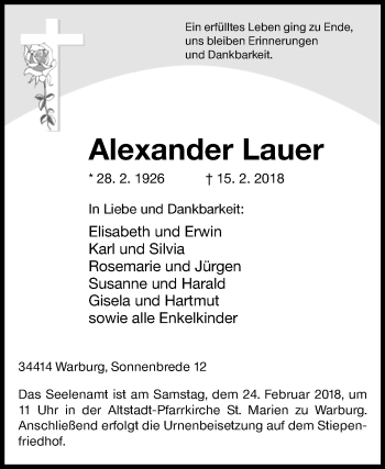Traueranzeige von Alexander Lauer von Westfalen-Blatt