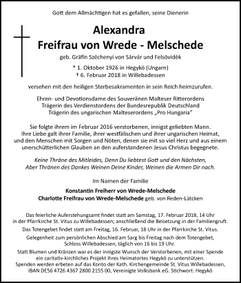Traueranzeige von Alexandra Freifrau von Wrede-Melschede von Westfalen-Blatt
