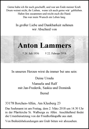 Traueranzeige von Anton Lammers von Westfalen-Blatt