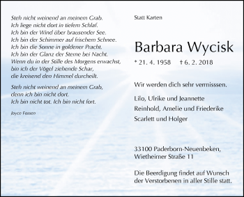 Traueranzeige von Barbara Wycisk von Westfalen-Blatt