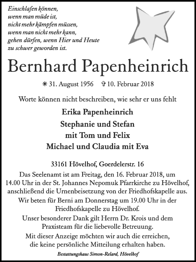  Traueranzeige für Bernhard Papenheinrich vom 13.02.2018 aus Westfalen-Blatt