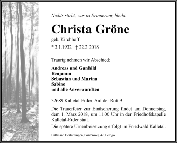 Traueranzeige von Christa Gröne von Westfalen-Blatt