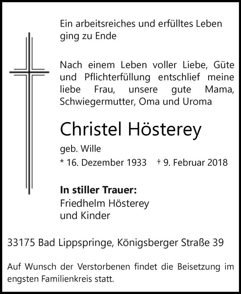  Traueranzeige für Christel Hösterey vom 12.02.2018 aus Westfalen-Blatt