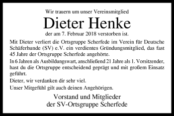 Traueranzeige von Dieter Henke von Westfalen-Blatt