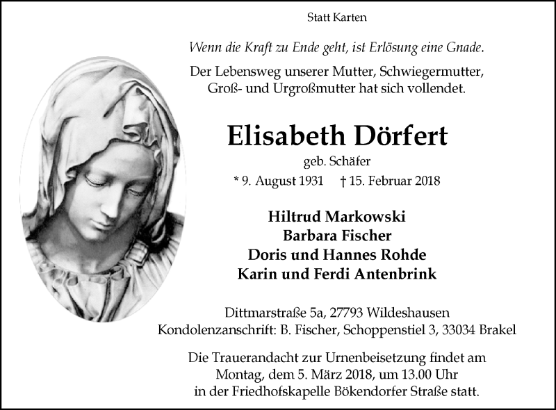  Traueranzeige für Elisabeth Dörfert vom 20.02.2018 aus Westfalen-Blatt