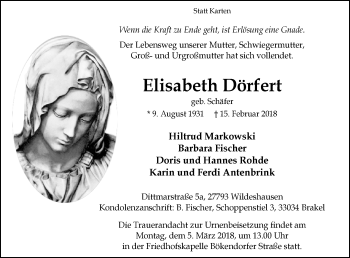 Traueranzeige von Elisabeth Dörfert von Westfalen-Blatt