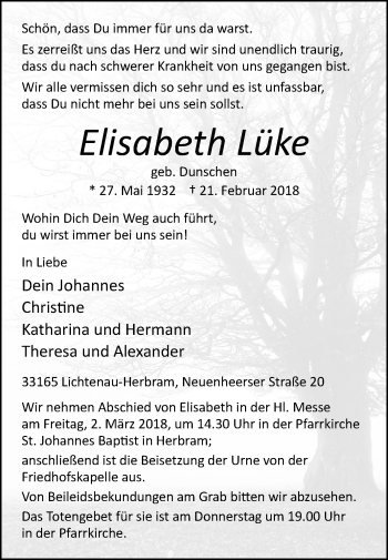 Traueranzeige von Elisabeth Lüke von Westfalen-Blatt