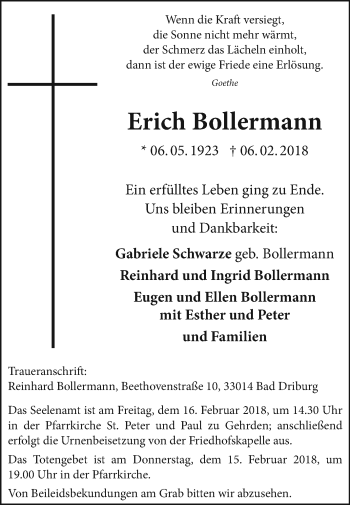 Traueranzeige von Erich Bollermann von Westfalen-Blatt