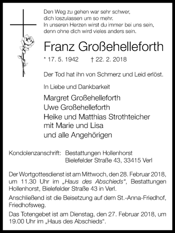 Traueranzeige von Franz Großehelleforth von Westfalen-Blatt