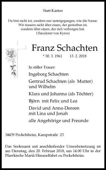 Traueranzeige von Franz Schachten von Westfalen-Blatt
