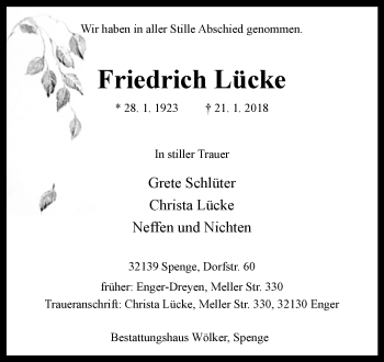 Traueranzeige von Friedrich Lücke von Westfalen-Blatt