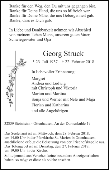 Traueranzeige von Georg Struck von Westfalen-Blatt
