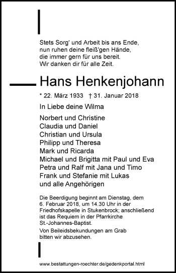 Traueranzeige von Hans Henkenjohann von Westfalen-Blatt