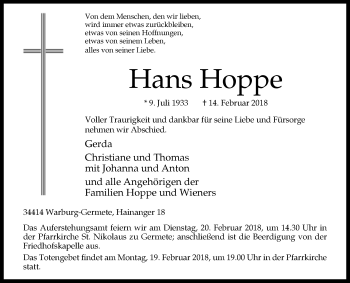 Traueranzeige von Hans Hoppe von Westfalen-Blatt