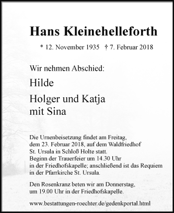 Traueranzeige von Hans Kleinehelleforth von Westfalen-Blatt