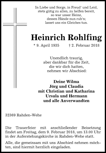 Traueranzeige von Heinrich Rohlfing von Westfalen-Blatt