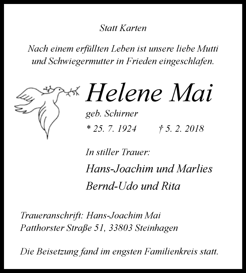  Traueranzeige für Helene Mai vom 17.02.2018 aus Westfalen-Blatt