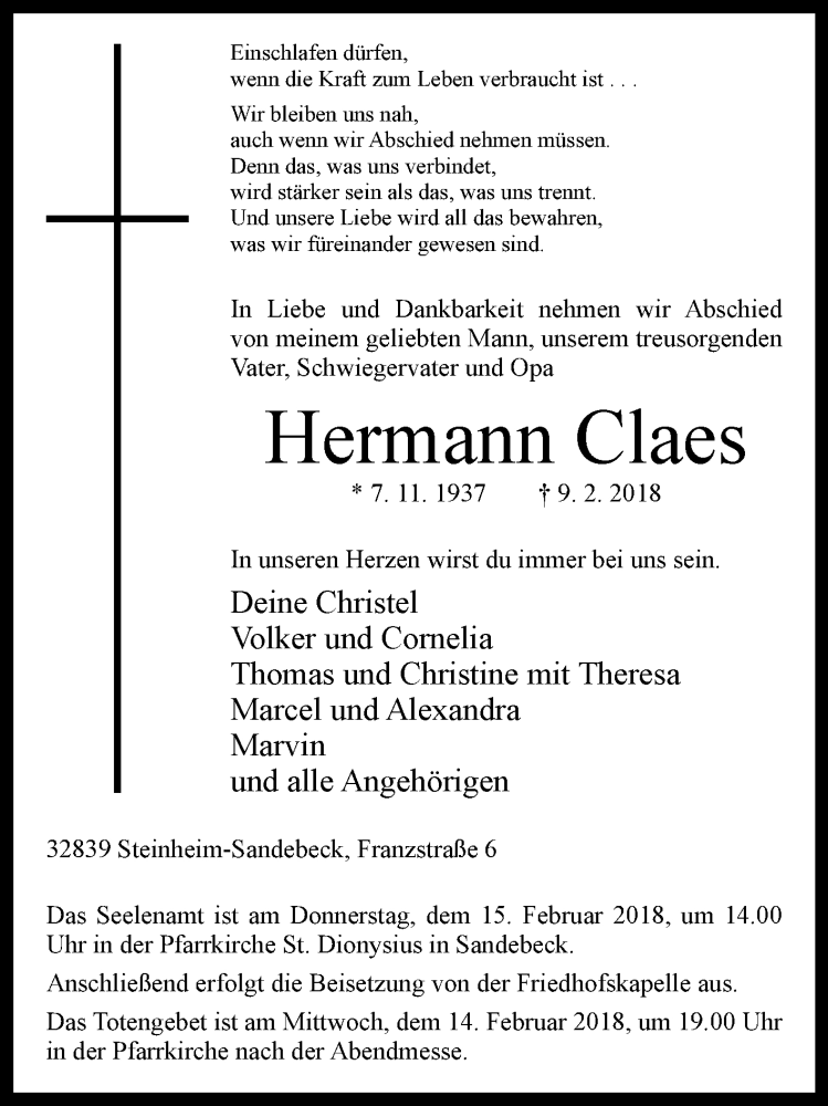  Traueranzeige für Hermann Claes vom 12.02.2018 aus Westfalen-Blatt