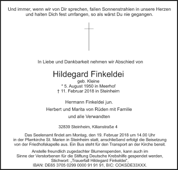 Traueranzeige von Hildegard Finkeldei von Westfalen-Blatt