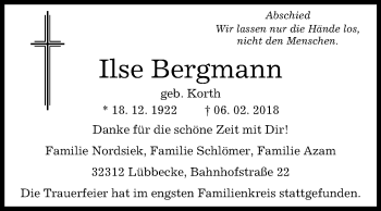 Traueranzeige von Ilse Bergmann von Westfalen-Blatt