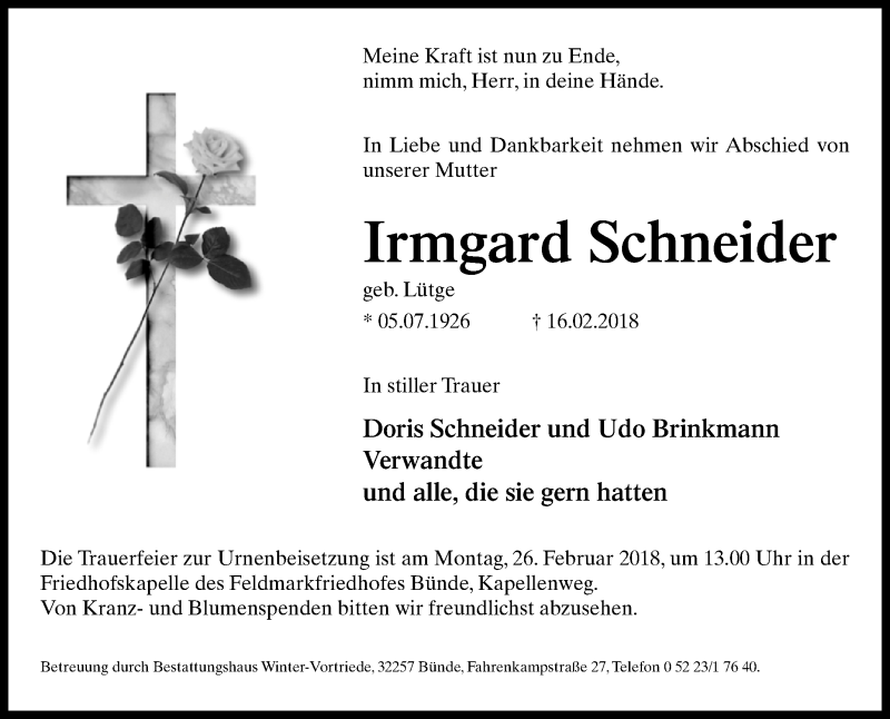 Traueranzeige für Irmgard Schneider vom 21.02.2018 aus Westfalen-Blatt