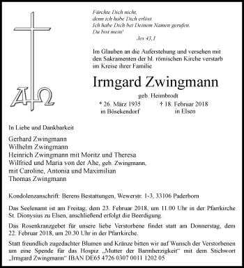 Traueranzeige von Irmgard Zwingmann von Westfalen-Blatt