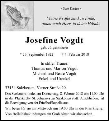 Traueranzeige von Josefine Vogdt von Westfalen-Blatt