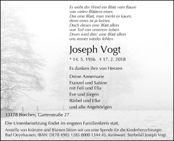 Traueranzeige von Joseph Vogt von Westfalen-Blatt
